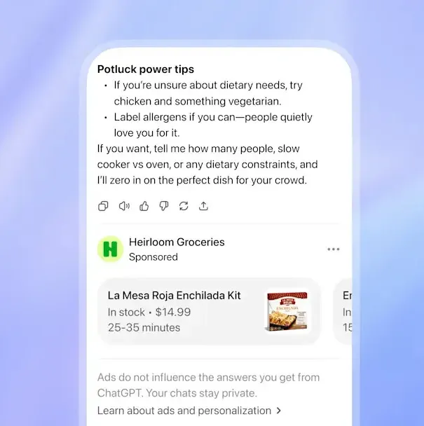 Sponsored product placement in a ChatGPT conversation