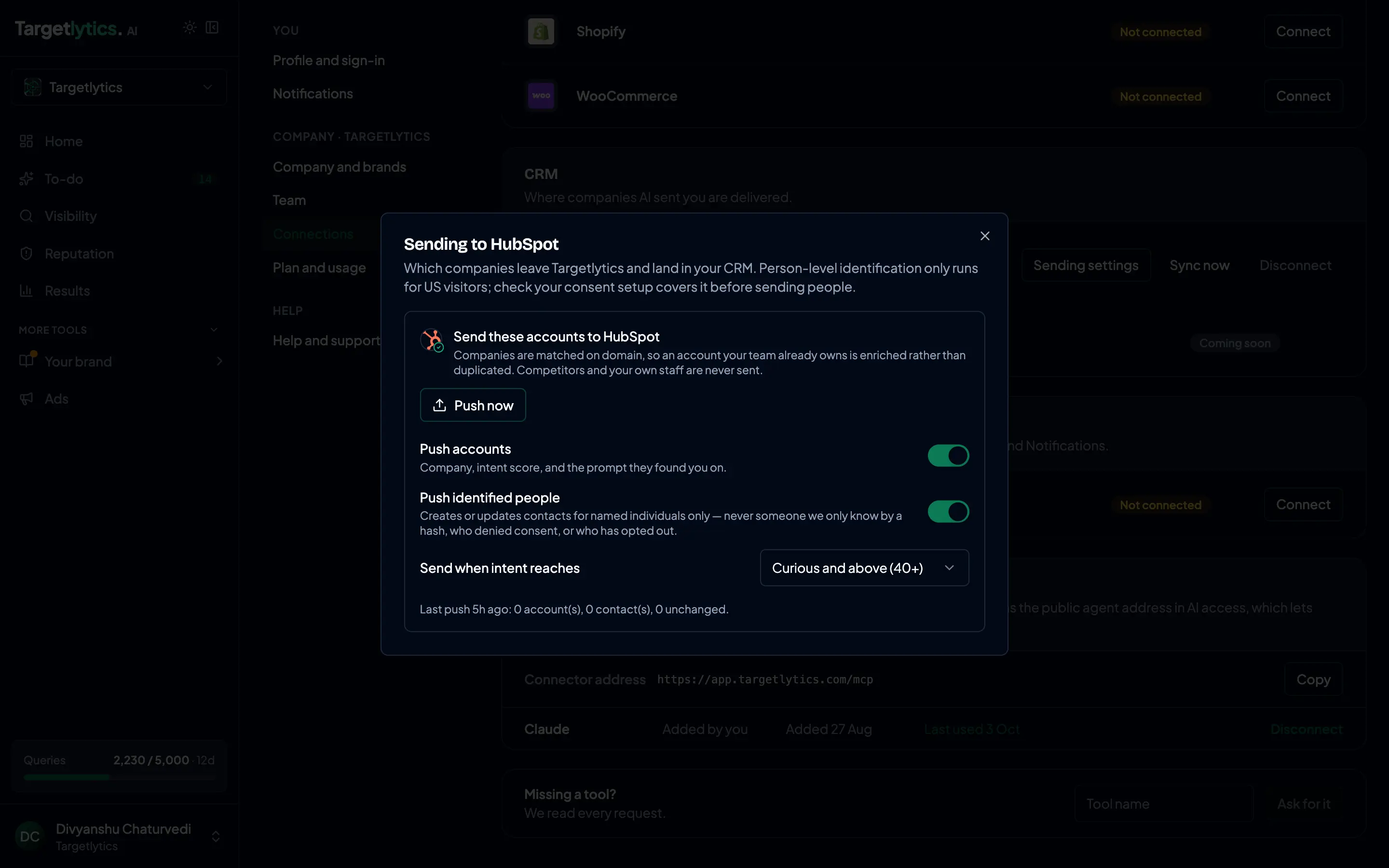 CRM connection settings showing connected platform, automatic push toggle for qualified AI-sourced leads, and sync status indicator