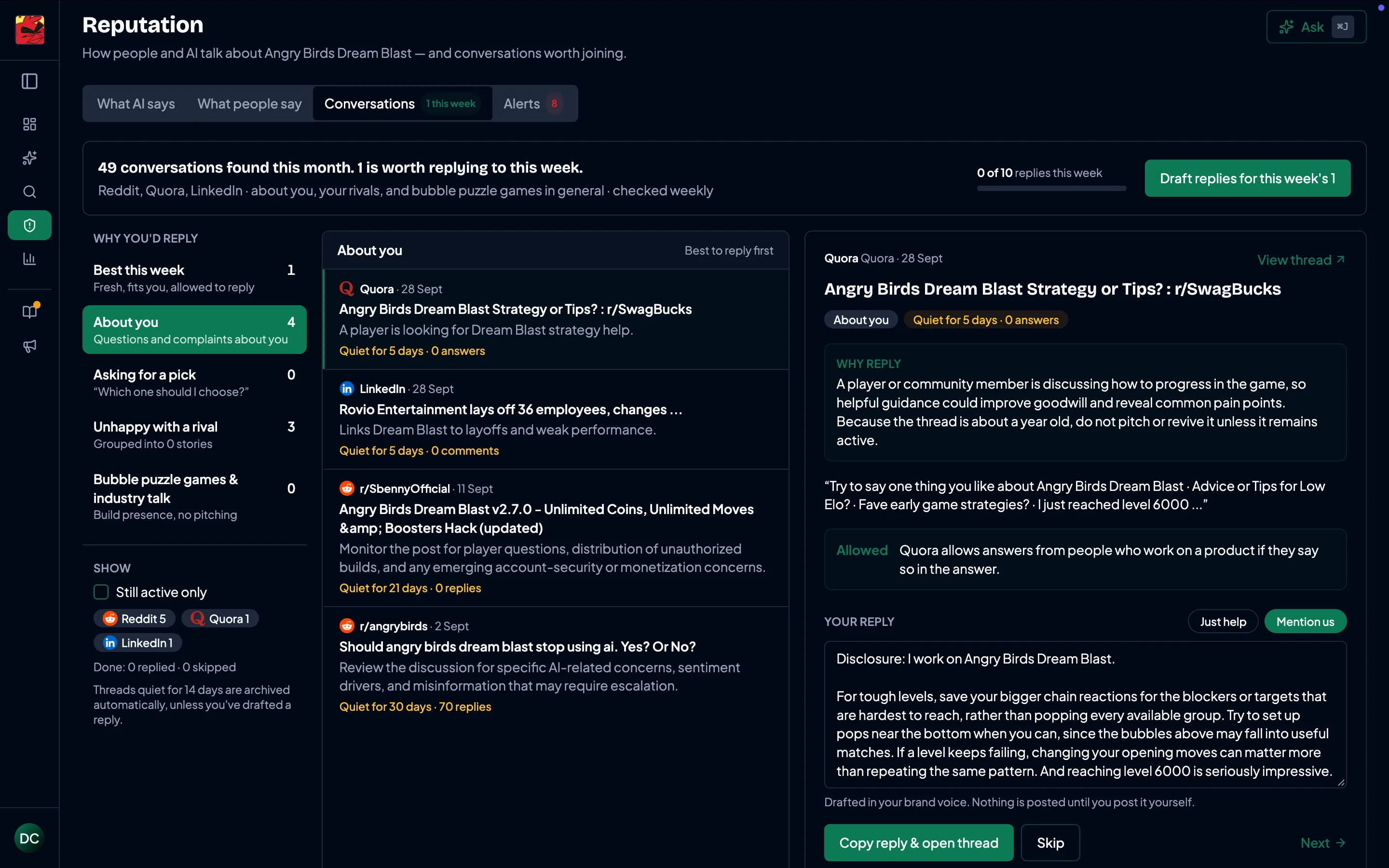 A drafted reply to a forum thread in an editable box, with buttons to copy it or copy and open the original post