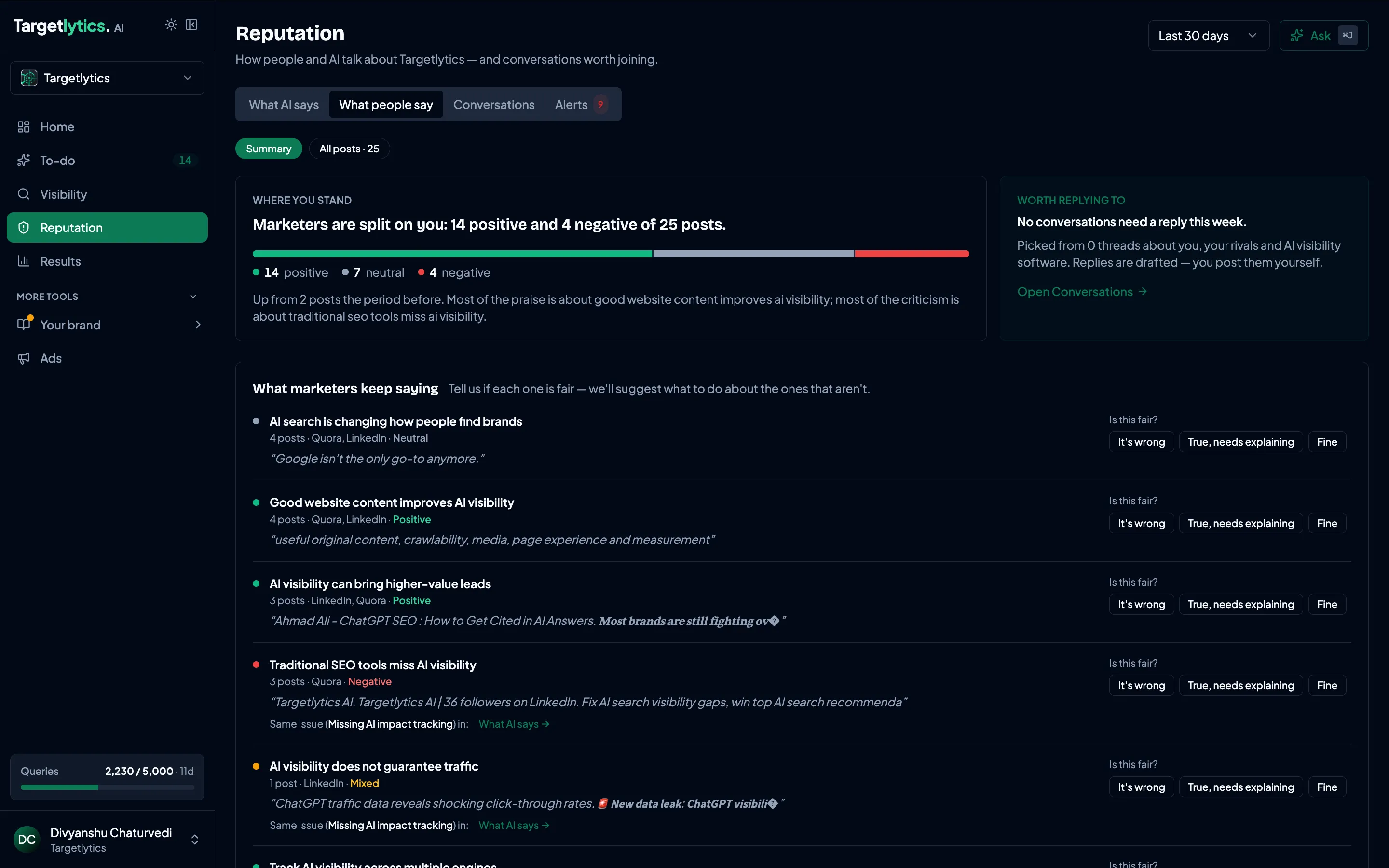 Off-page discussion list from Reddit, LinkedIn and Quora beside a detail pane scoring one thread for relevance, importance, targeting and engagement