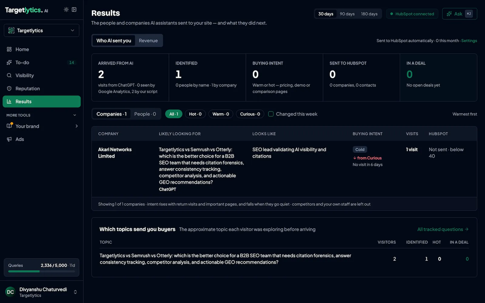 Identified visitors table showing company or person name, what they looked for, their profile summary, buying intent assessment, visit count and CRM sync status